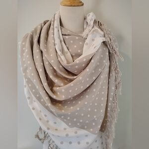 Pashmina Italy 100% Cashmere Scarf Wrap Taupe White Polka Dot Beige Neutral Chic